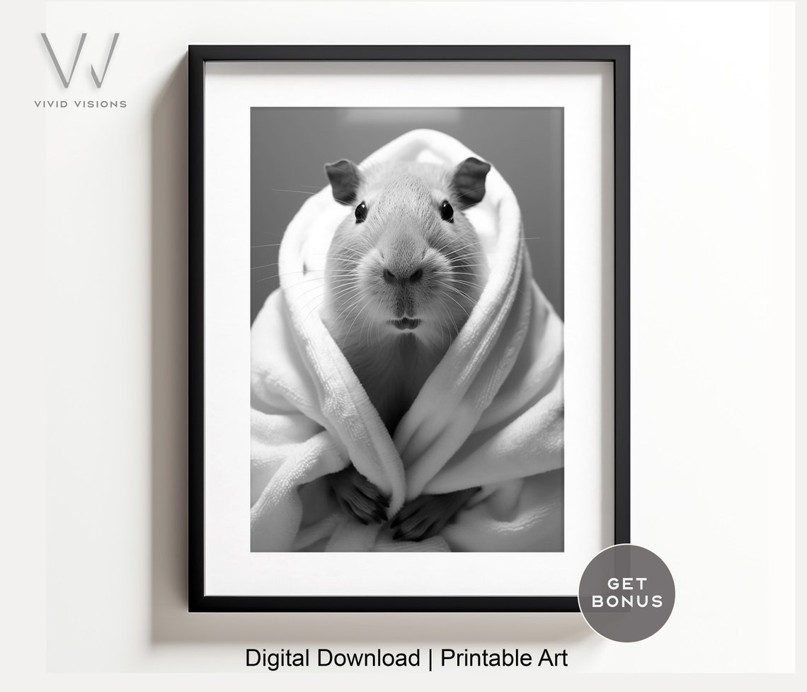 Capybara in Bathrobe Funny Black and White Bathroom Art Poster