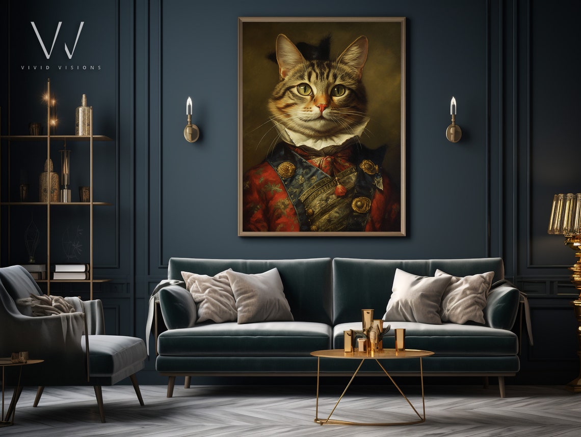 Tabby Cat Military Uniform Red Blue Ruff Regal Portrait Poster - Image 4