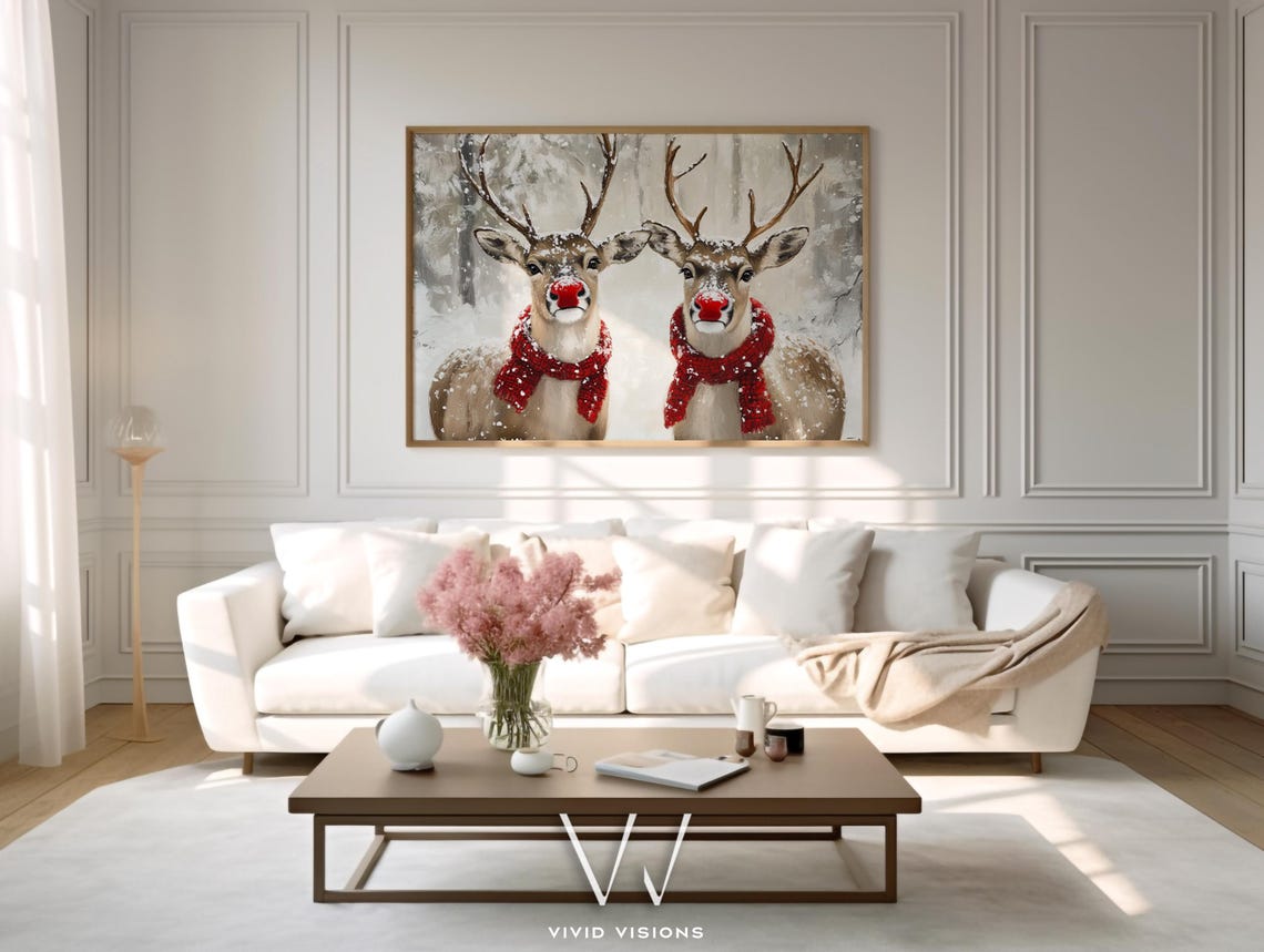 Two Reindeer with Red Noses and Scarves in Snow Christmas Poster - Image 4