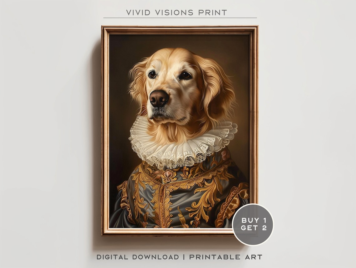 Golden Retriever Renaissance Portrait Royal Gown Lace Collar Art Poster