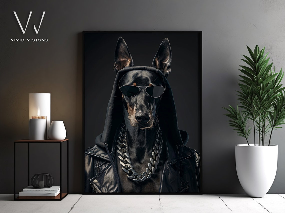 Doberman in Hood Leather Jacket Chain Sunglasses Hip Hop Pet Poster