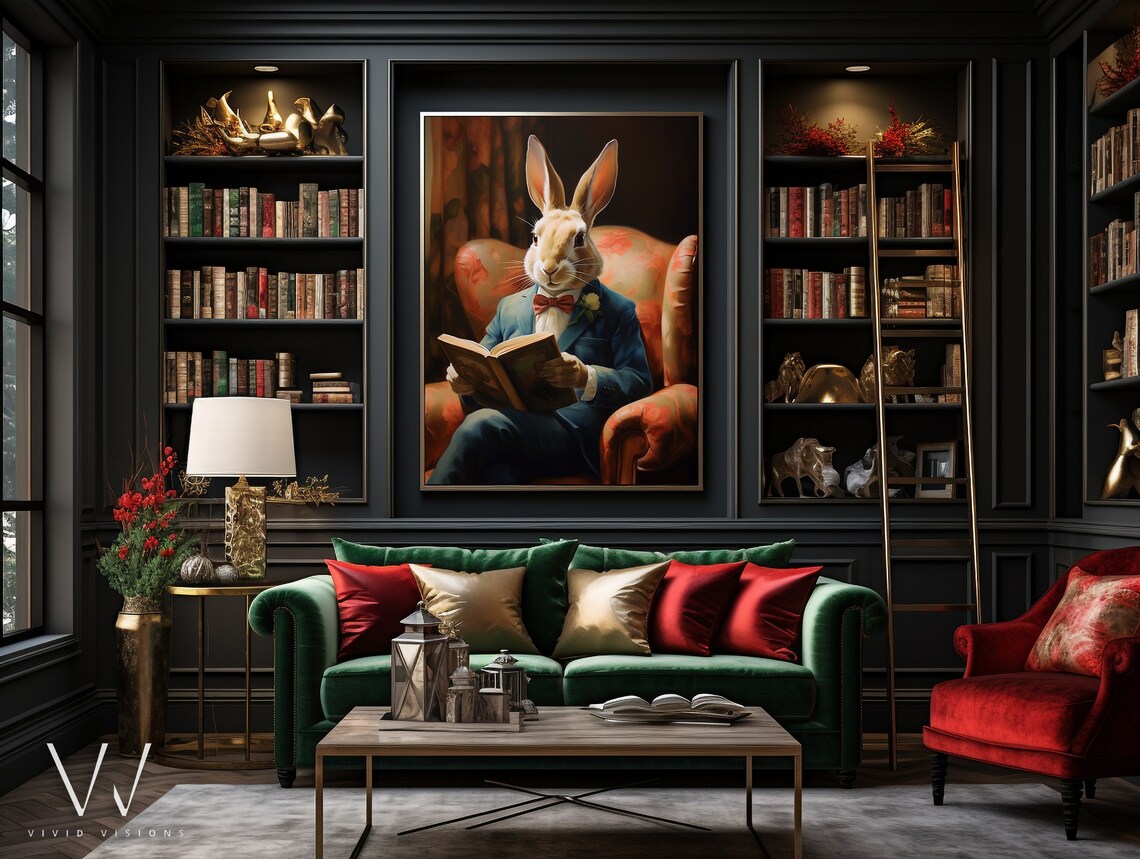 Gentleman Rabbit Reading a Book in an Armchair Vintage Poster - Image 3