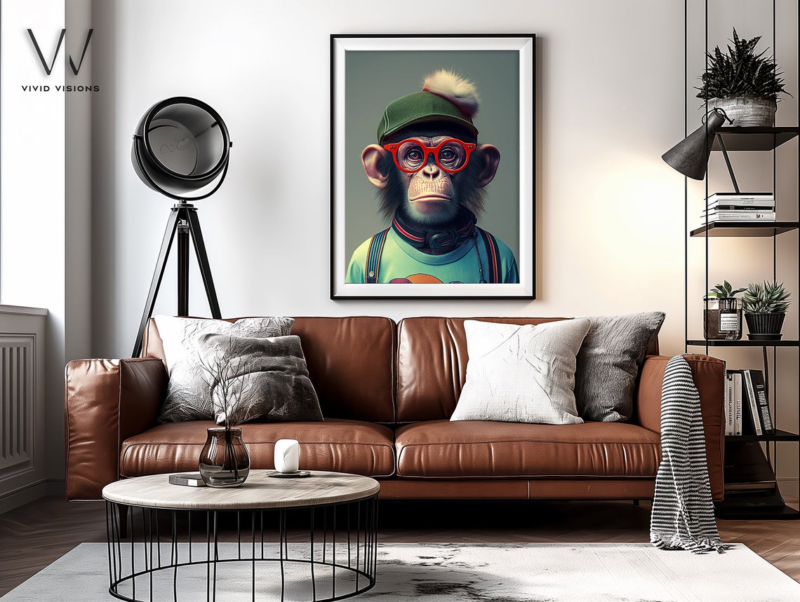 Chimp in Green Cap Red Glasses Suspenders Cute Nerdy Animal Poster - Image 4