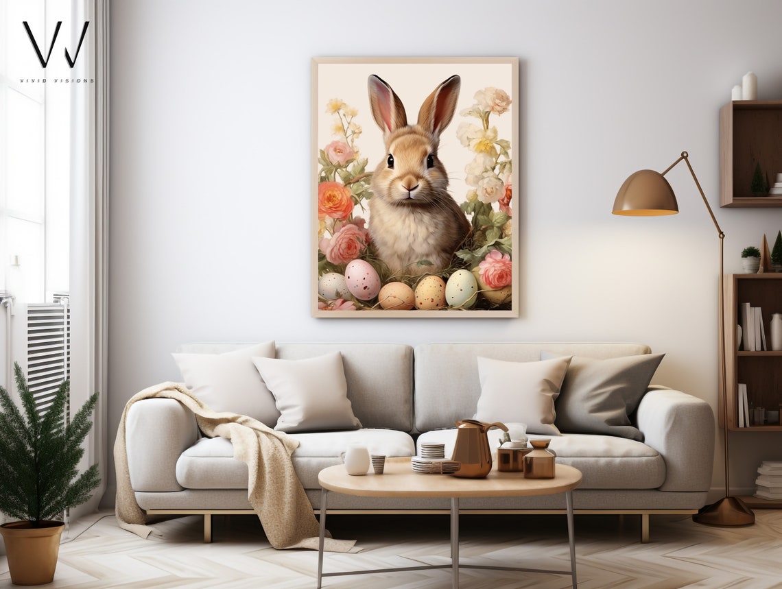 Easter Bunny with Speckled Eggs among Blush Roses Vintage Print - Image 4