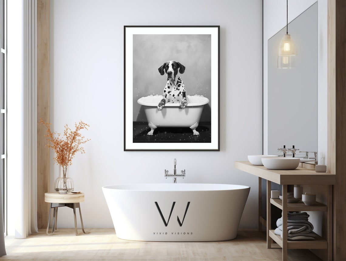 Dalmatian Puppy Bubble Bath Black White Funny Bathroom Poster - Image 3