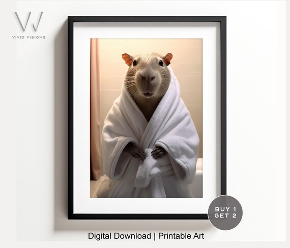 Smiling Capybara in a Fluffy White Bathrobe After Bath Poster