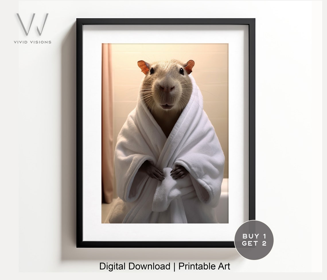Smiling Capybara in a Fluffy White Bathrobe After Bath Poster