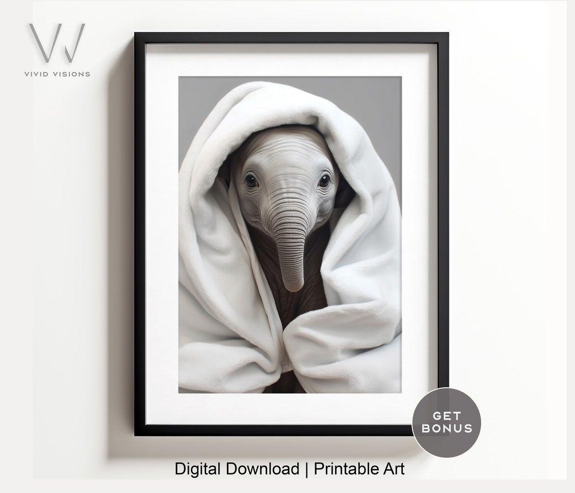 Baby Elephant Wrapped in a Soft White Hooded Towel Nursery Poster