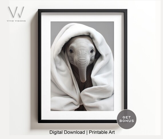 Baby Elephant Wrapped in a Soft White Hooded Towel Nursery Poster