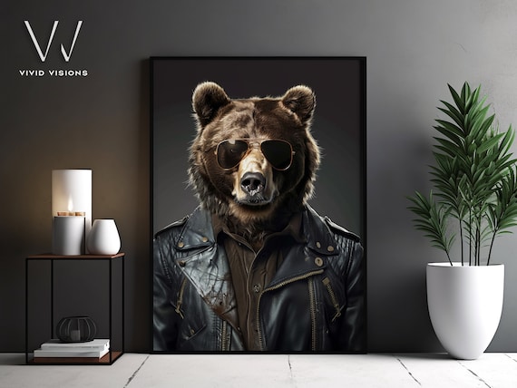 Bear in Leather Jacket Aviator Sunglasses Tough Wildlife Poster Art
