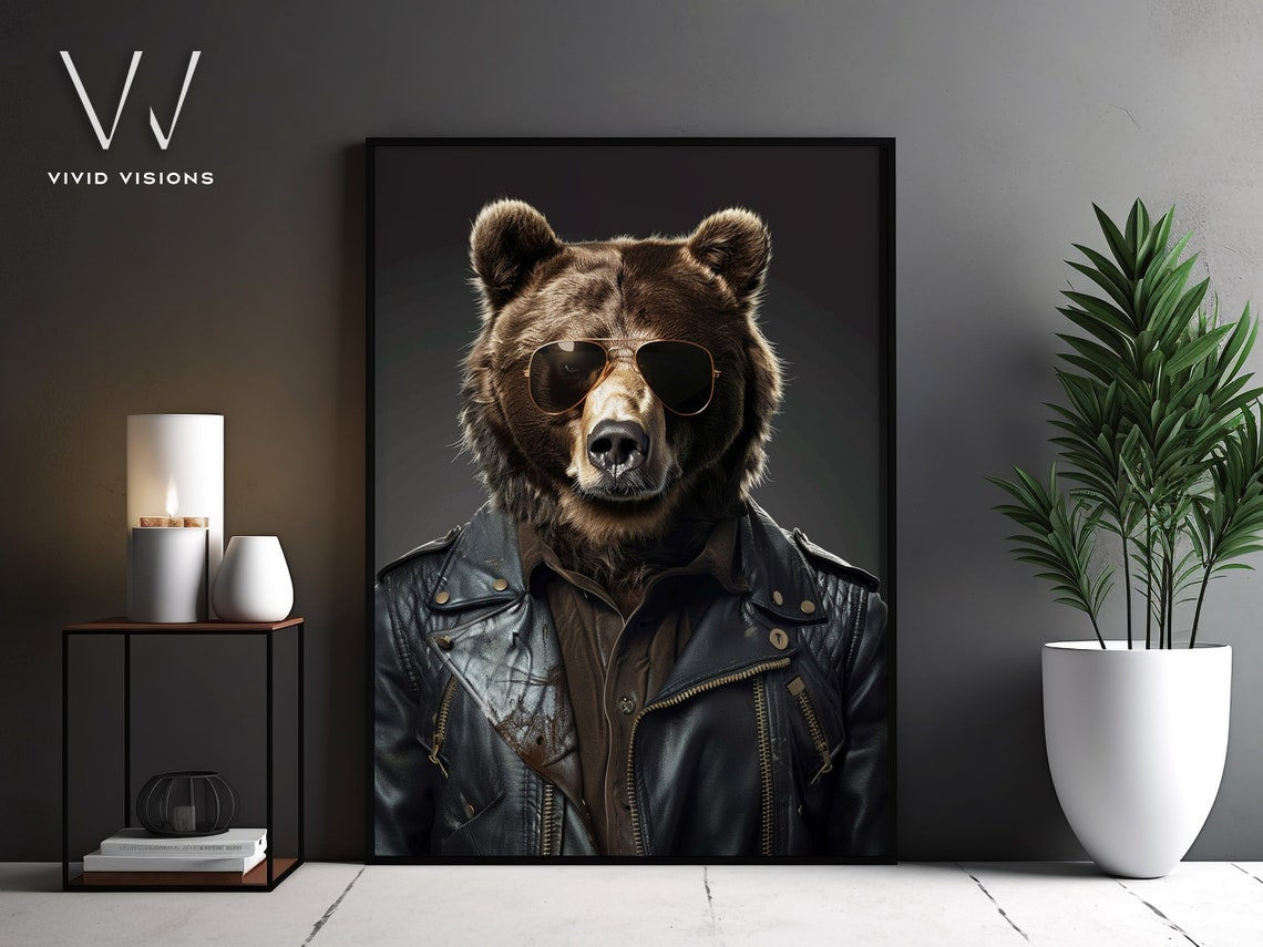 Bear in Leather Jacket Aviator Sunglasses Tough Wildlife Poster Art