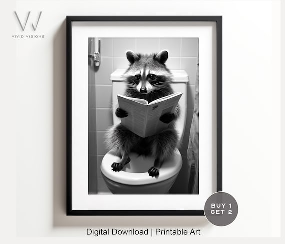 Black and White Raccoon Reading Newspaper on the Toilet Poster