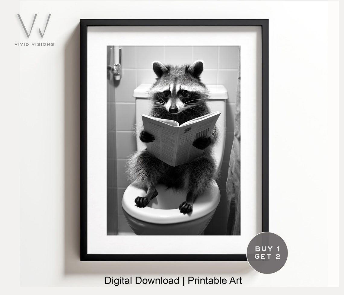 Black and White Raccoon Reading Newspaper on the Toilet Poster