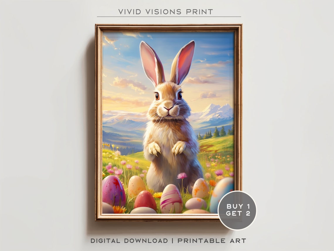 Cream Bunny Easter Eggs Sunset Wildflower Meadow Spring Poster