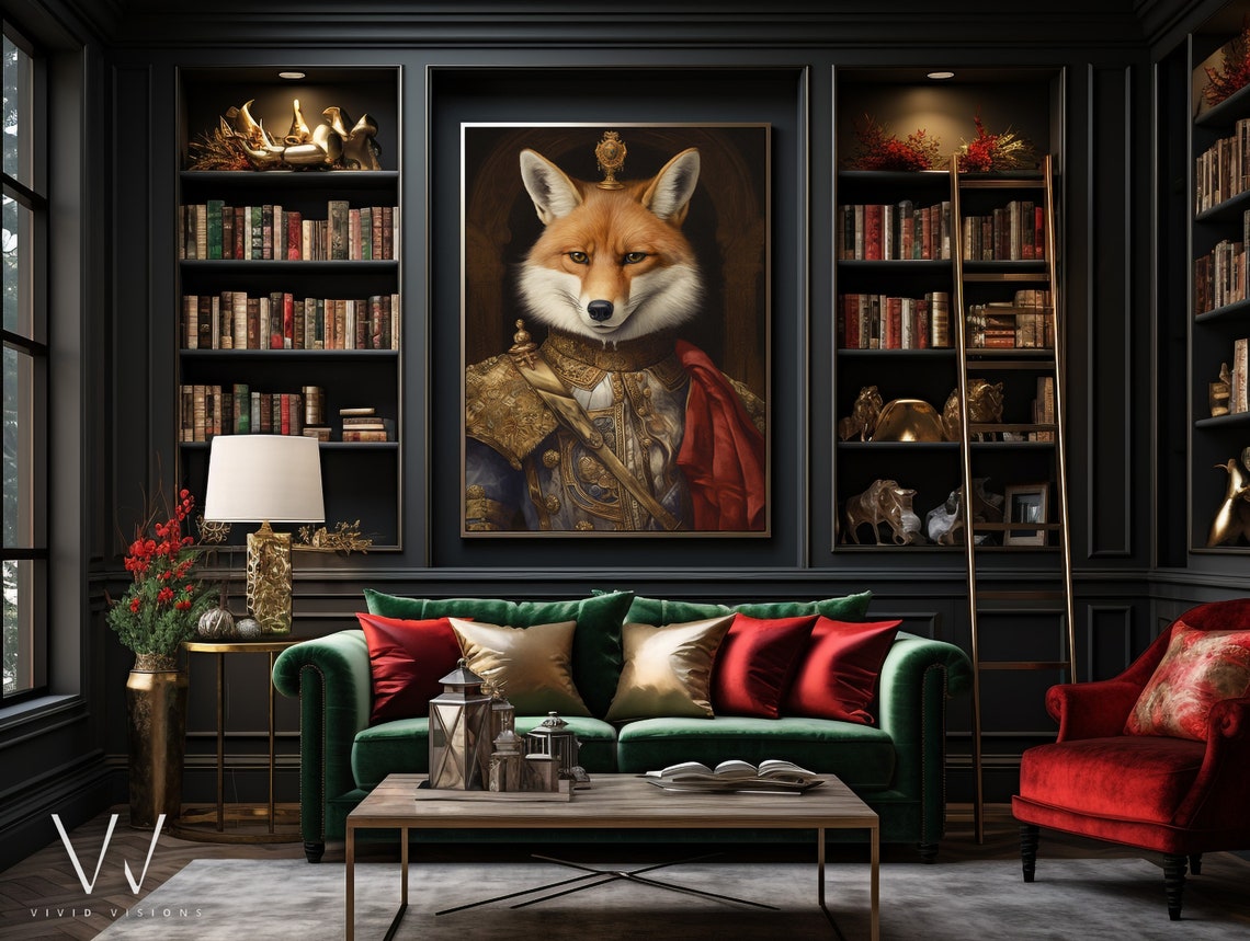 Crowned Fox King Golden Armor Red Cape Royal Regal Portrait Poster - Image 4