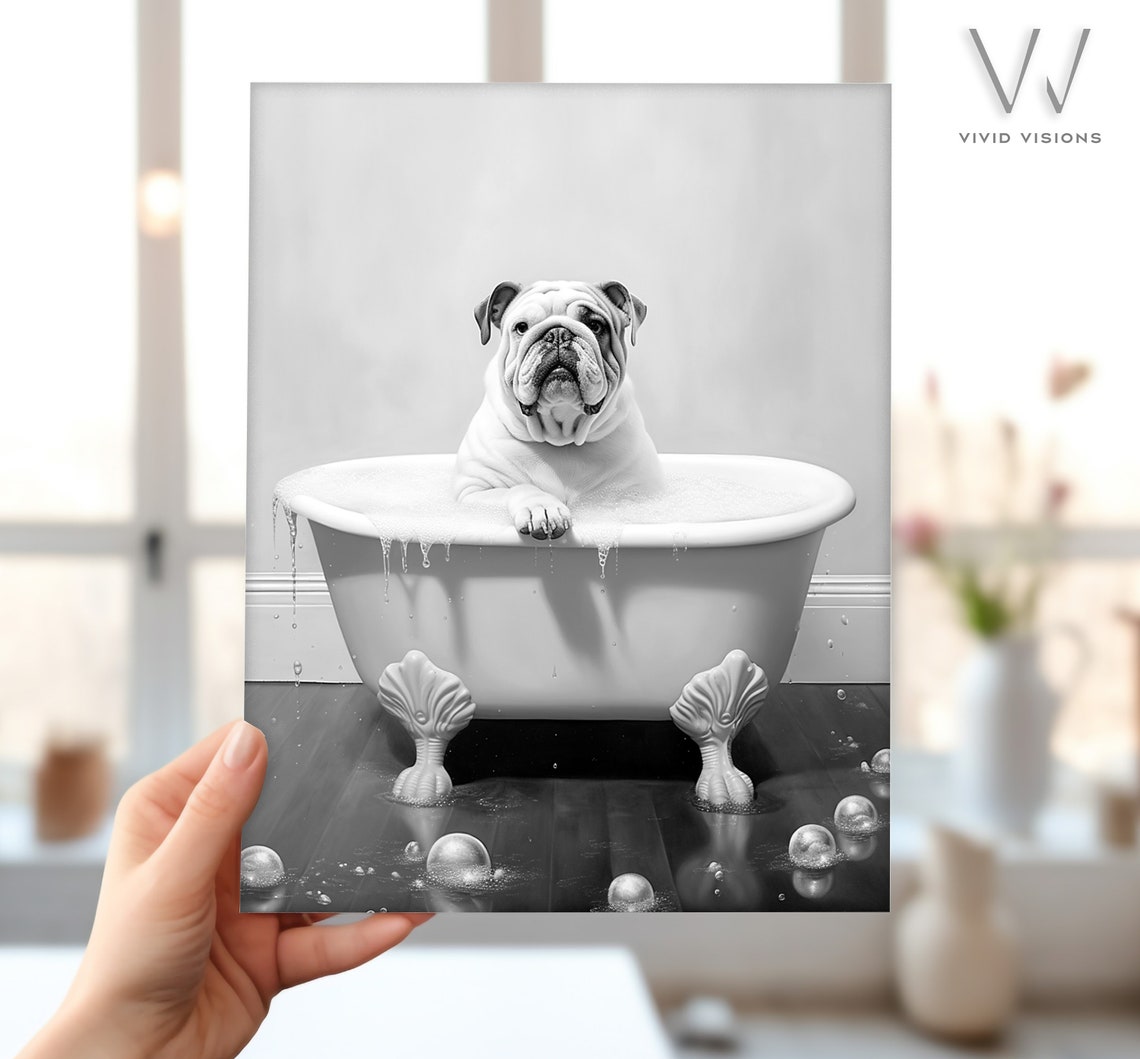 English Bulldog Bubble Bath Black White Funny Bathroom Poster - Image 4