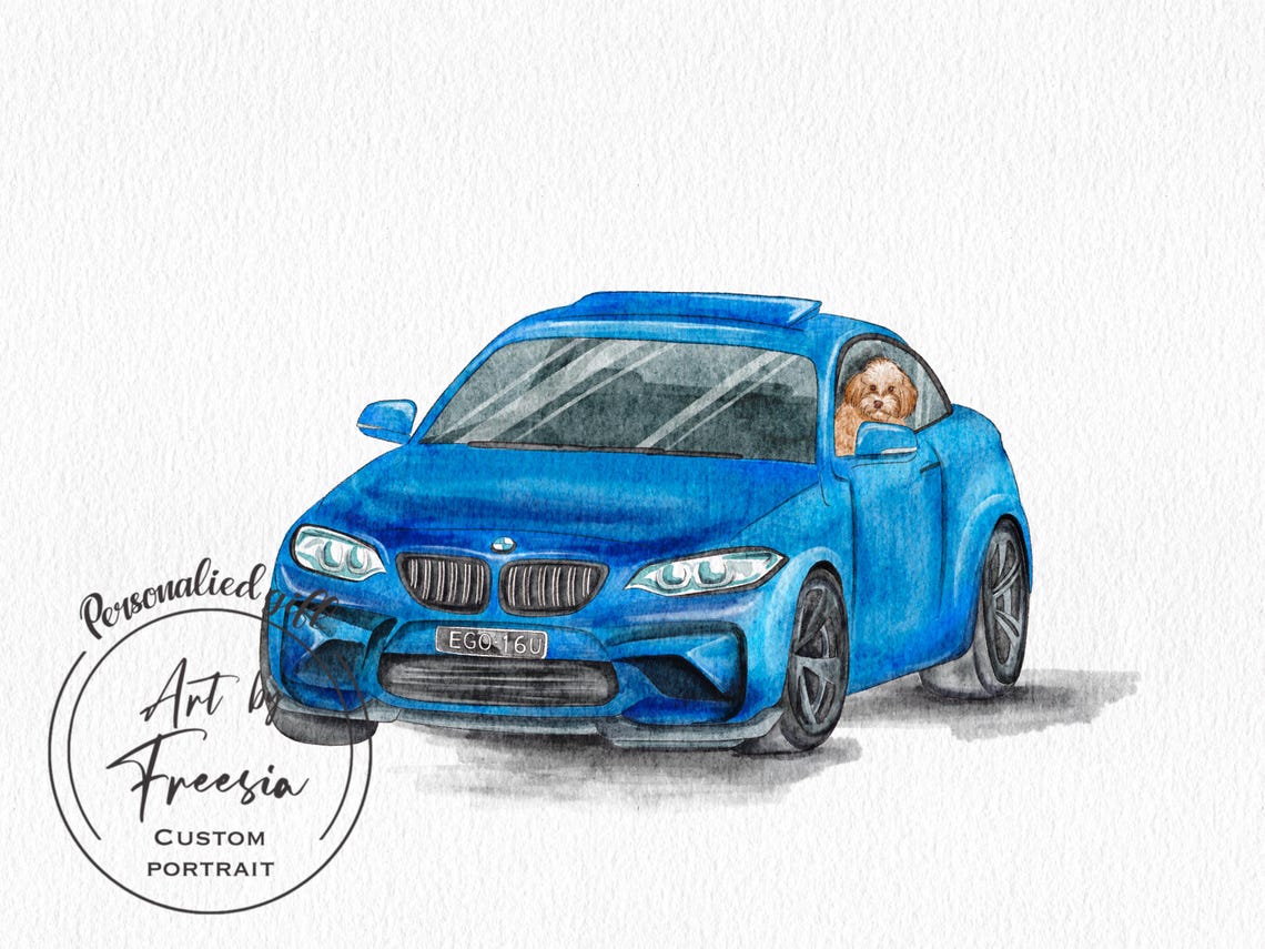 Blue Sports Coupe With Dog in Window Watercolor Car Portrait Poster