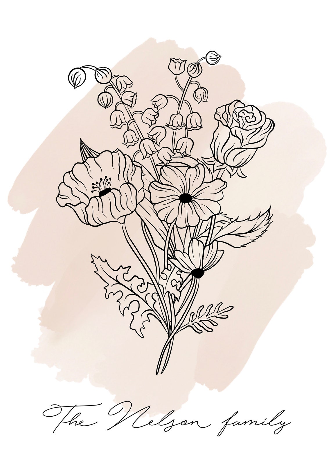 Wildflower Line Art Bouquet With Blush Watercolor Botanical Print