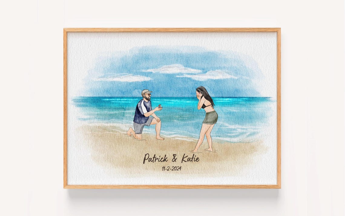 Beach Proposal Watercolor Portrait Engagement Memory Custom Poster
