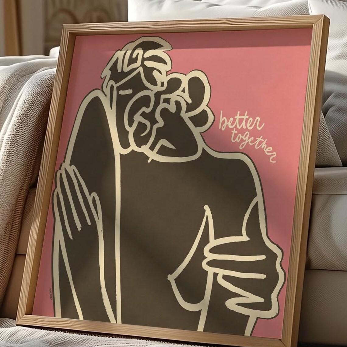 Better Together Kissing Couple Pink Line Art Romantic Poster