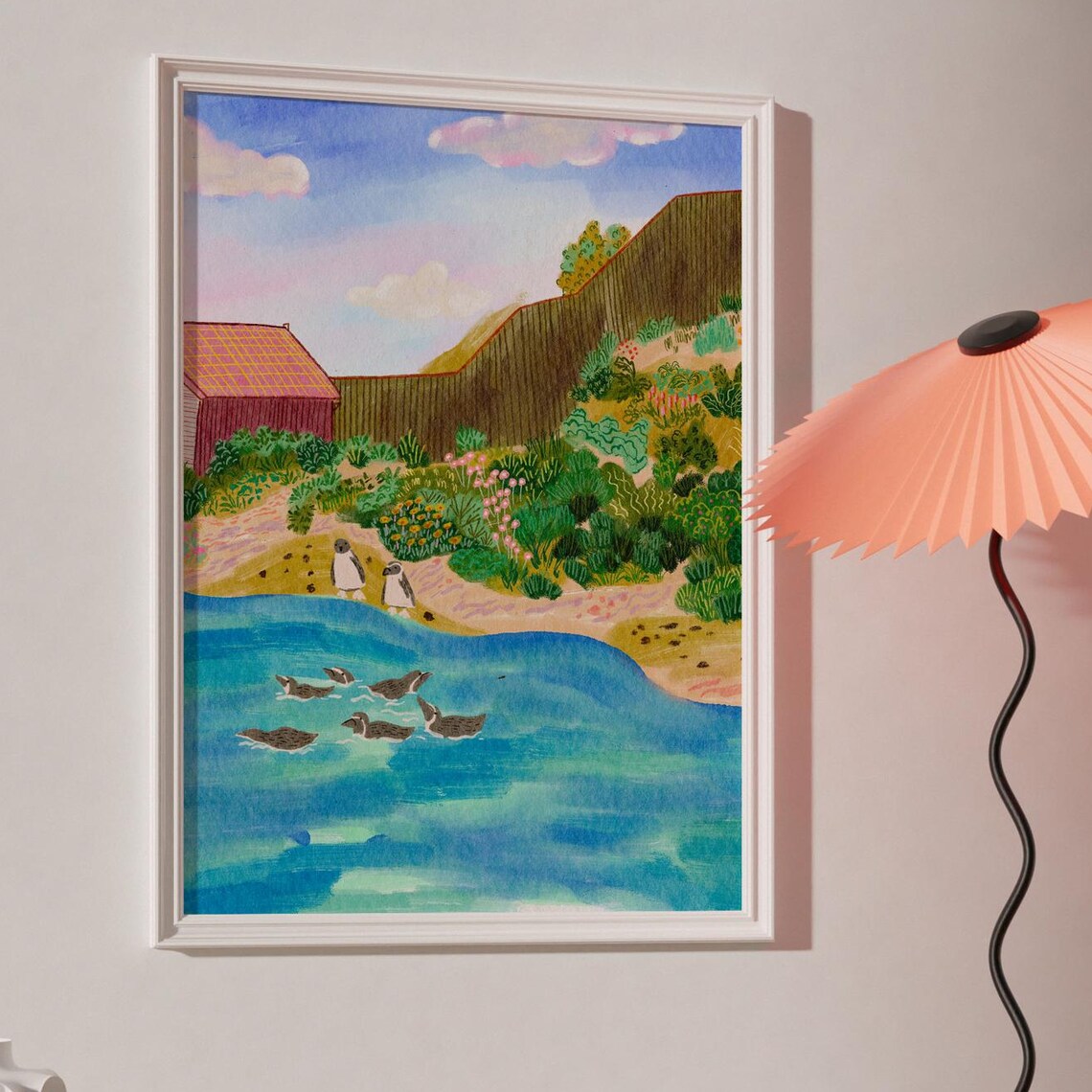 Penguin Pond Landscape Art Print, Colorful Scenery