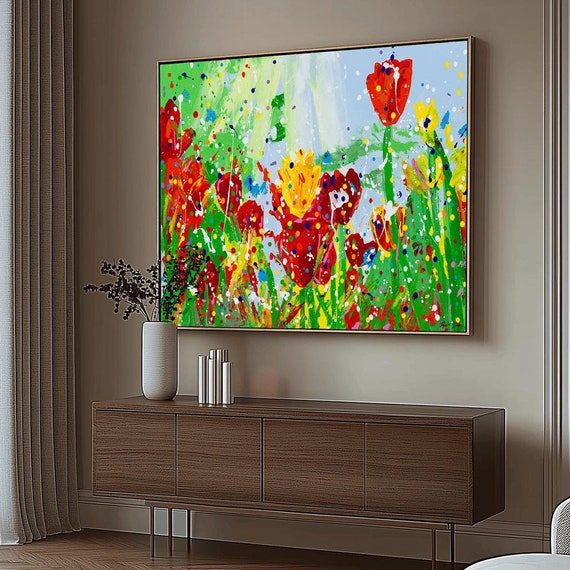 Bold Flower Painting Colorful Tulip Abstract Art Print Vibrant Nature Wall Decor Modern Red And Yellow Floral Artwork Large Art