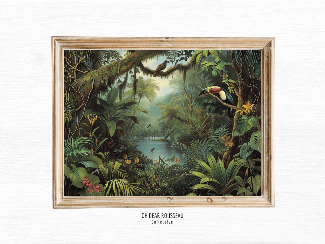 Toucan Perched in Lush Rousseau Style Jungle River Scene Poster