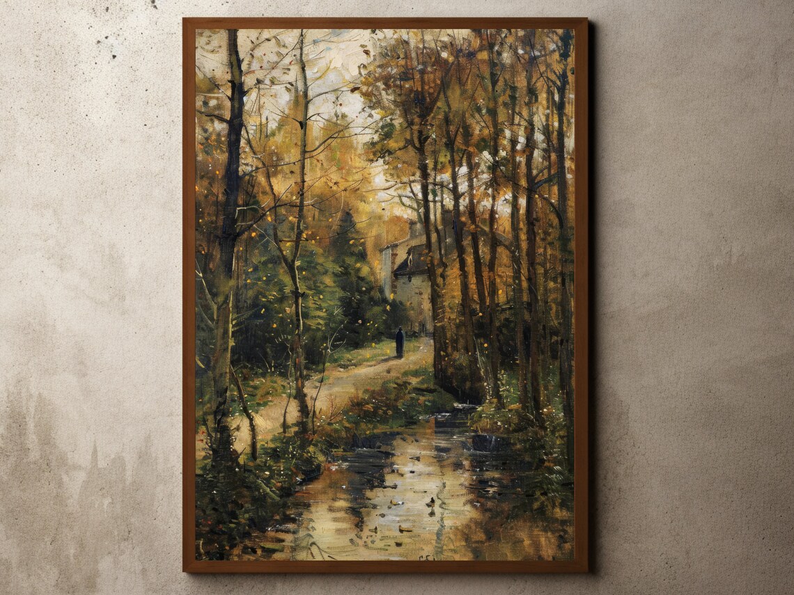 Antique Autumn Woodland Stream Country Landscape Oil Painting Poster