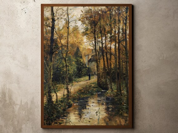Antique Autumn Woodland Stream Country Landscape Oil Painting Poster