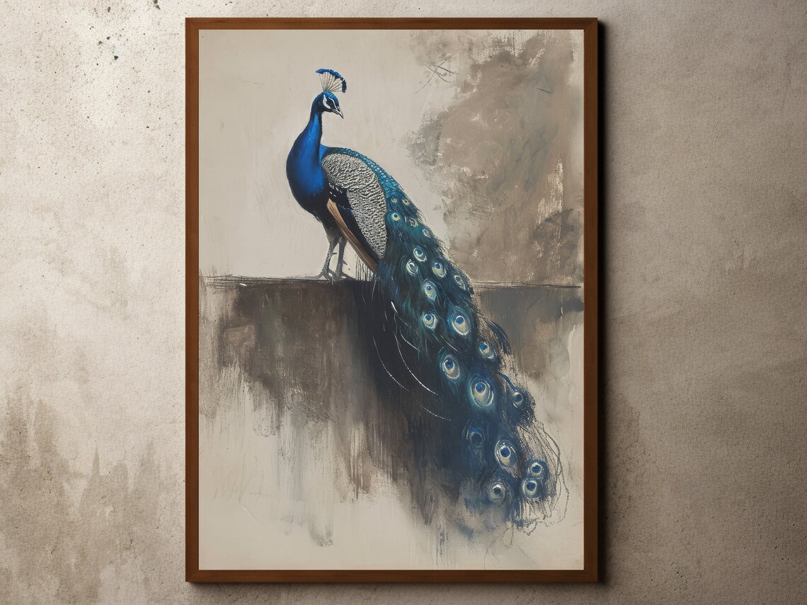 Elegant Blue Peacock Perched Vintage Wildlife Painting Art Poster