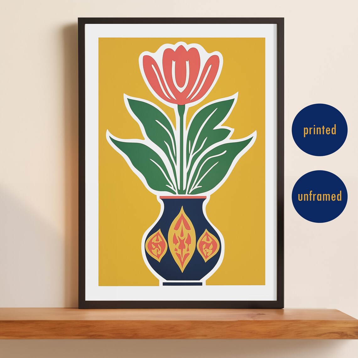 Red Tulip In Navy Vase Mustard Folk Art Floral Still Life Poster
