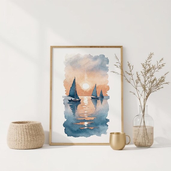Watercolor Sailboats At Sunset Orange Sky Calm Ocean Reflections Poster