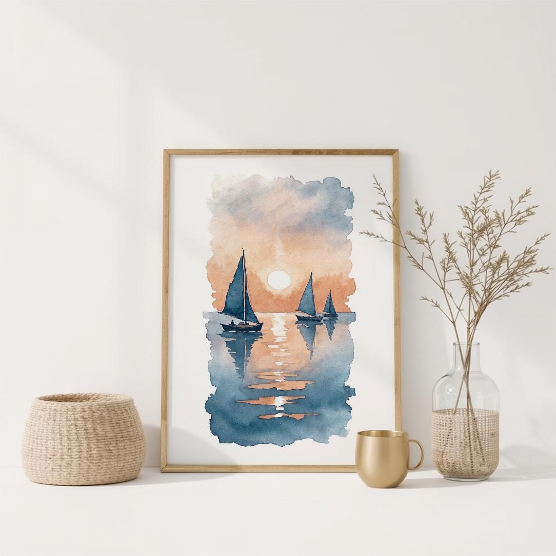 Watercolor Sailboats At Sunset Orange Sky Calm Ocean Reflections Poster