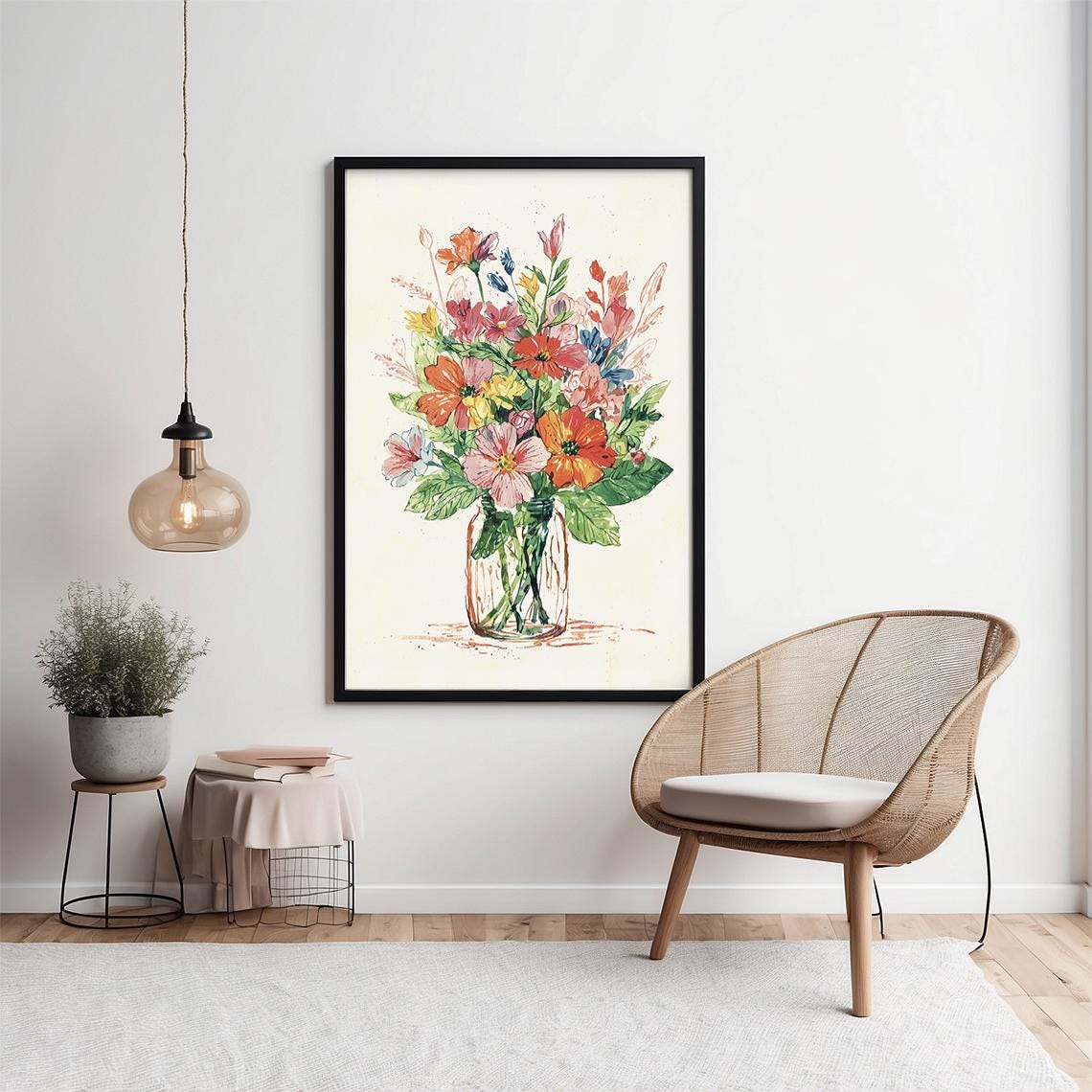 Watercolor Wildflower Bouquet In Glass Jar Delicate Floral Wall Art