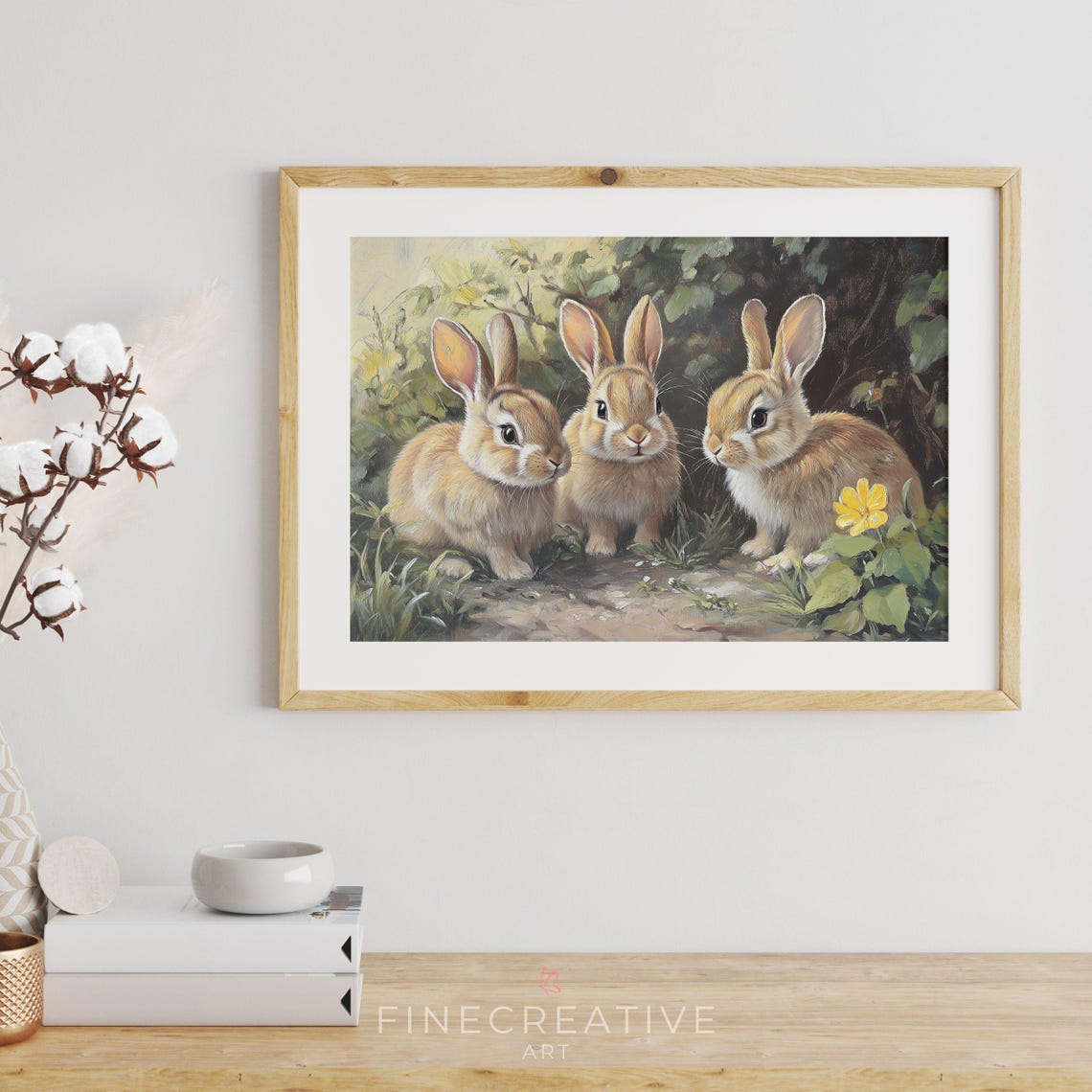 Three Fluffy Baby Bunnies Among Leaves Easter Spring Rabbit Print - Image 2