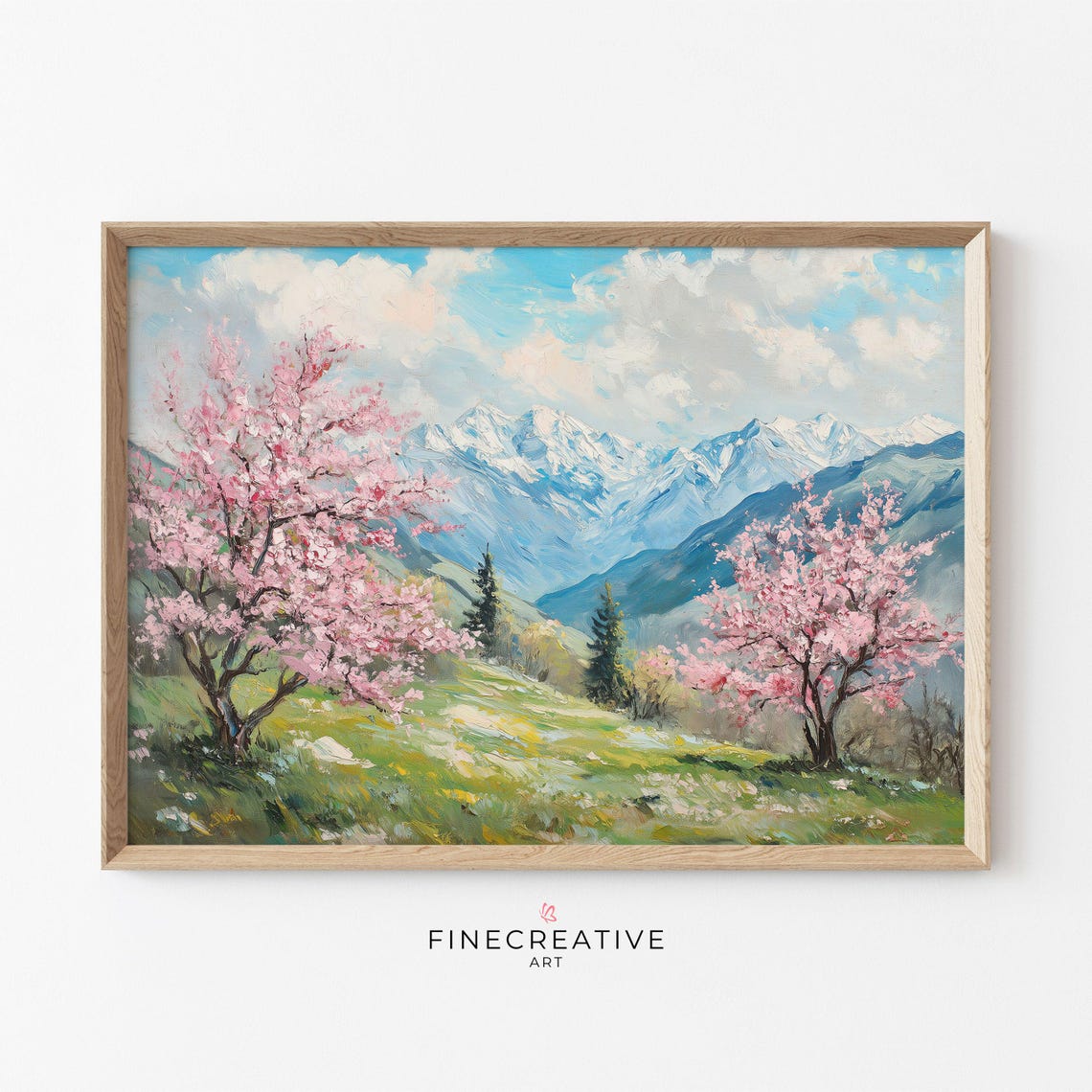 Pink Cherry Blossom Trees With Snowy Mountain Peaks Spring Print