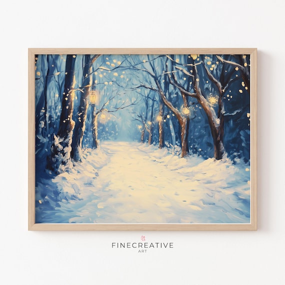Snowy Forest Path with Glowing Lanterns Magical Winter Night Poster