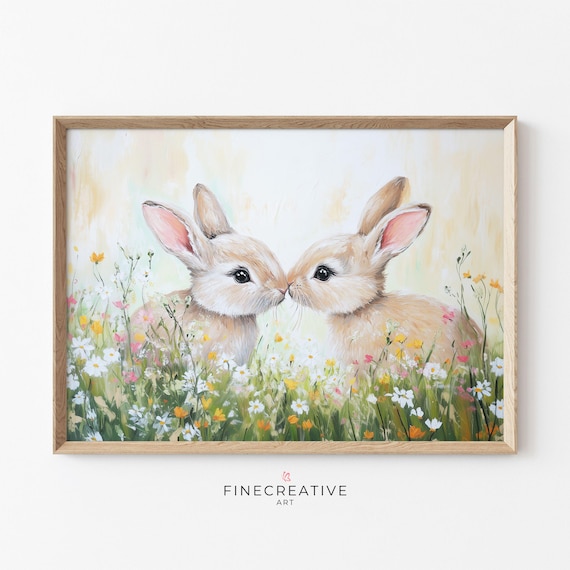 Easter Bunny Spring Painting, Cottage Easter Art Print