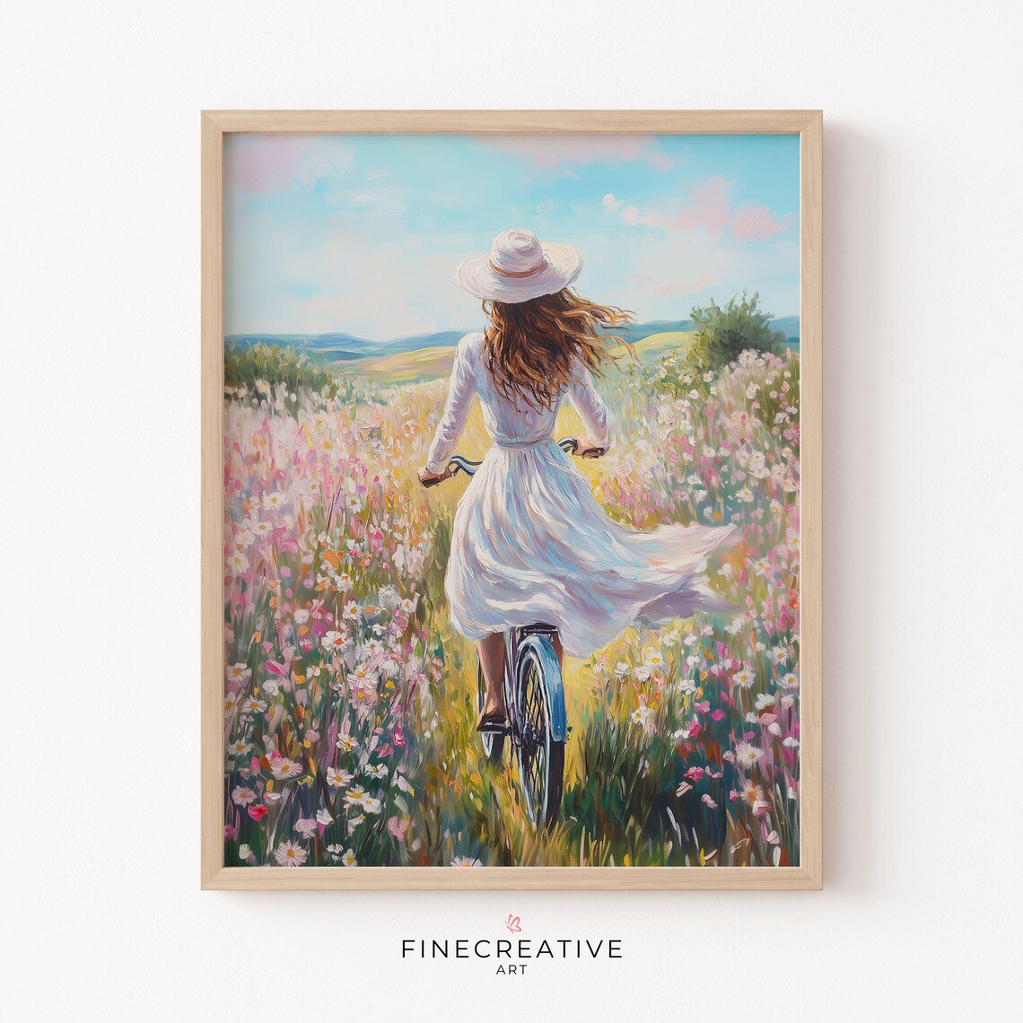 Woman in White Dress Cycling Through a Sunny Flower Field Poster