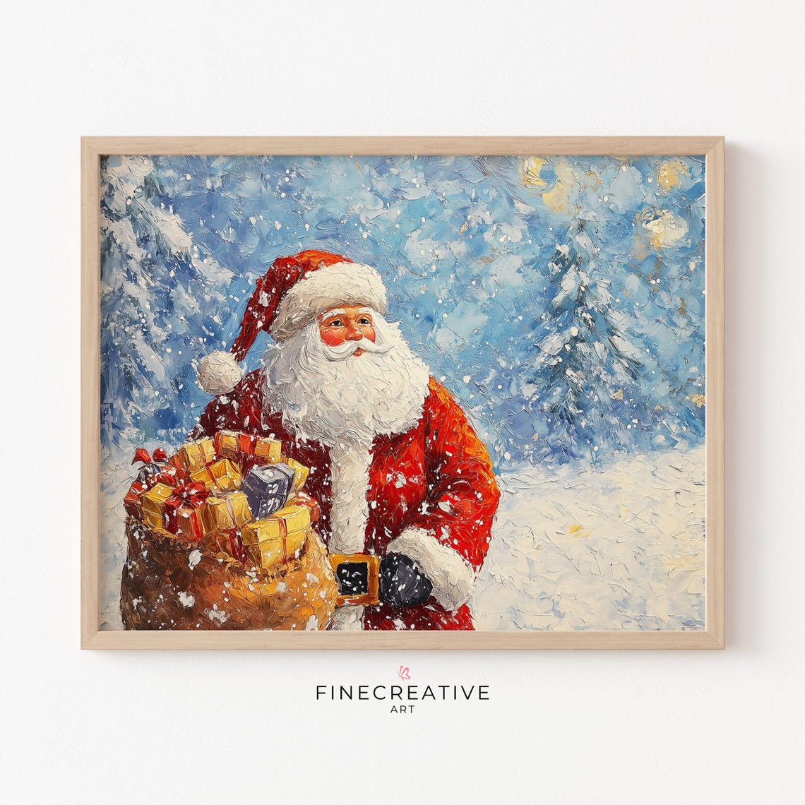 Classic Santa Claus with Gift Sack in Snowy Night Impasto Poster