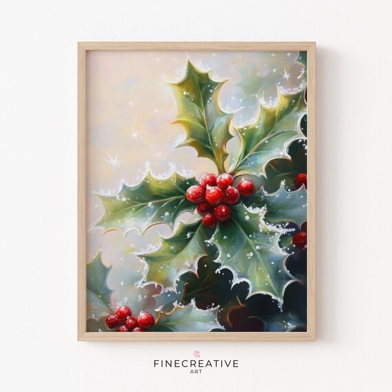 Snowy Holly Leaves and Red Berries Christmas Painting Winter Wall Poster