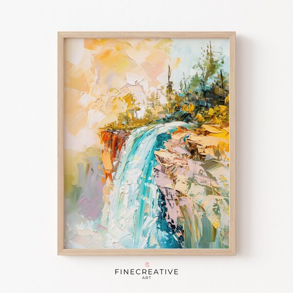 Golden Waterfall Pastel Autumn Landscape Impasto Painting Poster