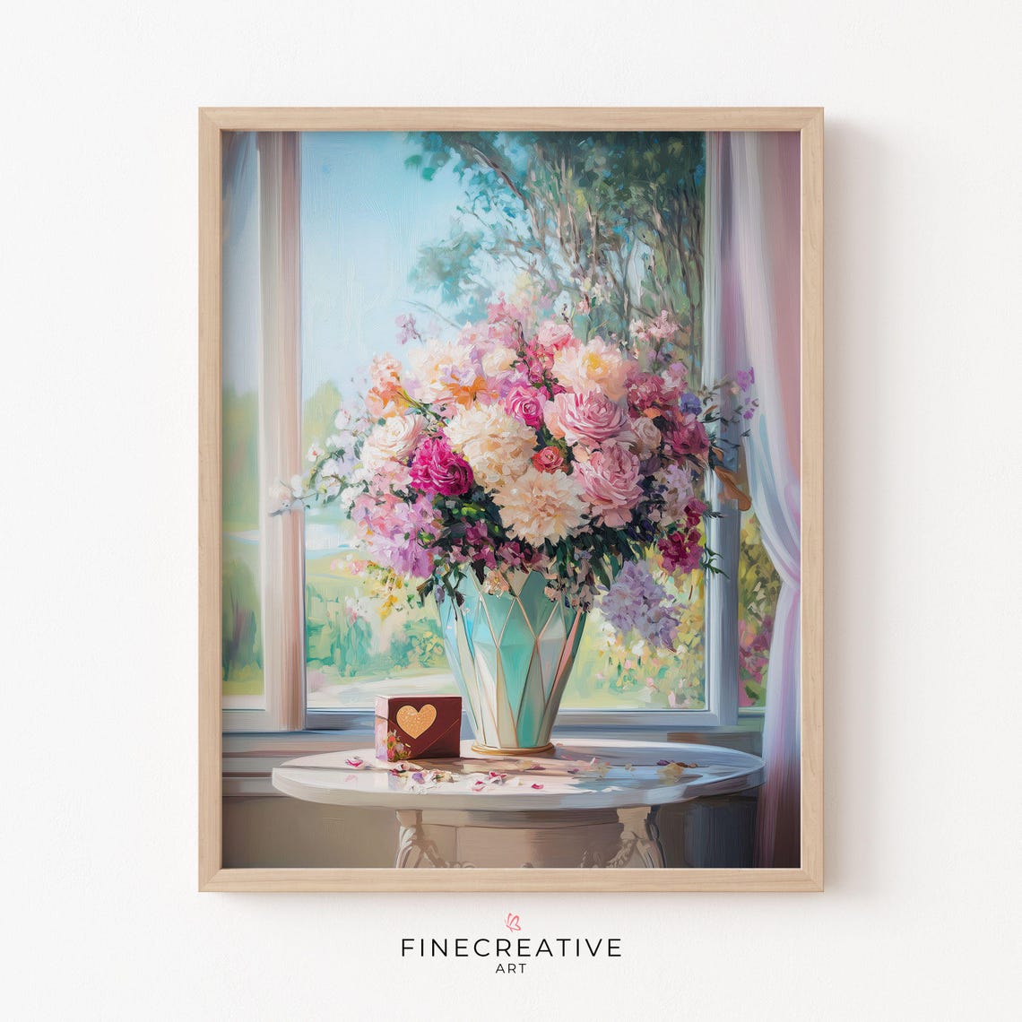 Pink Peony Bouquet in Turquoise Vase by Window Painting Poster