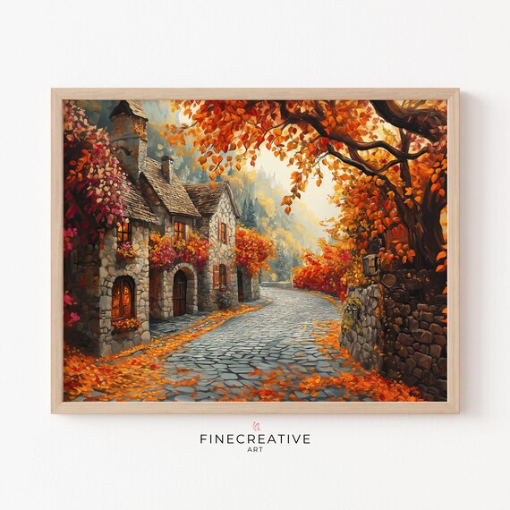 Autumn Rustic Village Street Print Fall Painting Wall Art Moody Fall Art Instant Autumn Home Decor C09