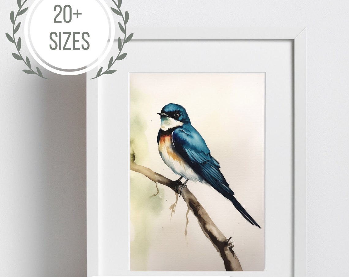 Blue Swallow Watercolor Painting Perched On Branch Bird Art Print - Image 3
