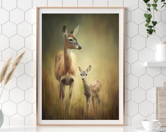 Doe With Fawn Woodland Animal Impressionist Painting Art Gallery Wall Decor Instant Art Vintage Art Animal Art