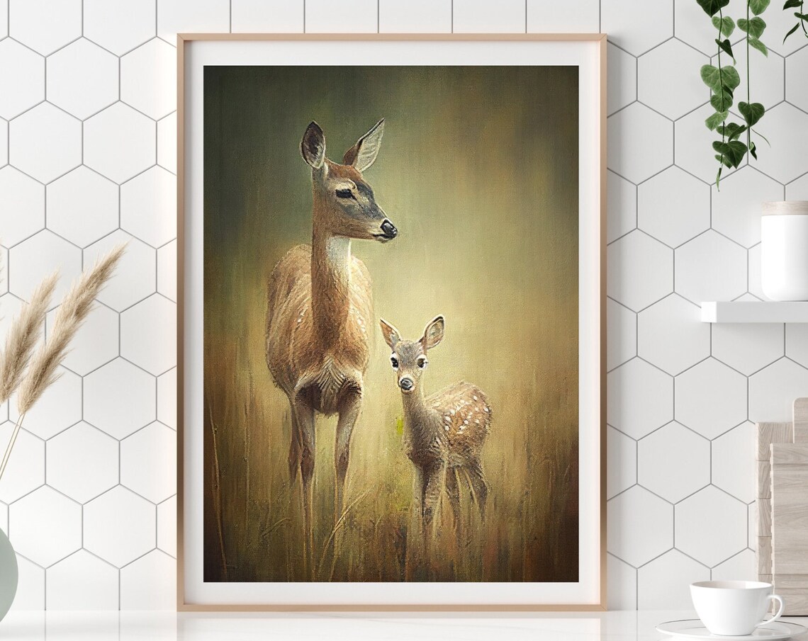Doe with Fawn in Golden Field Tender Woodland Wildlife Painting Poster