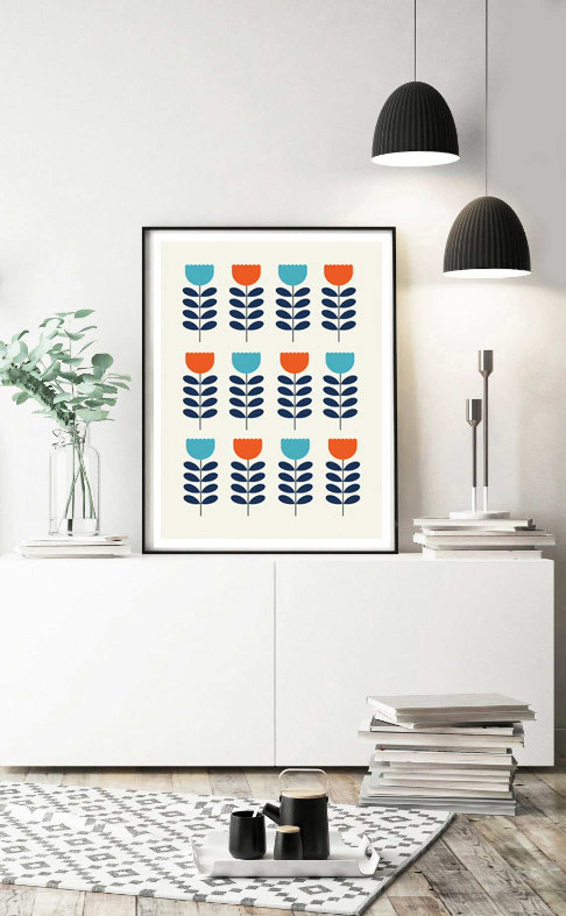 Mid Century Retro Tulip Floral Grid Orange Teal Patterned Wall Art - Image 2