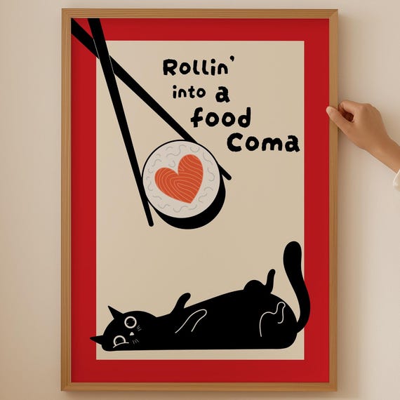 Cute Japanese Sushi Poster Trendy Cat And Ramen Chopstick Print For Asian Kitchen Room Decor Japandi Noodle Lover Wall Art Gift