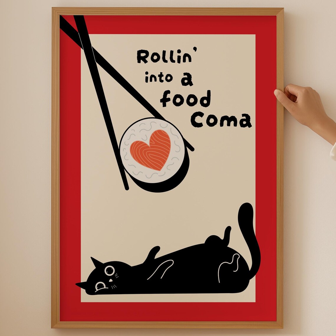 Rollin Into A Food Coma Sushi Black Cat Funny Japanese Art Poster